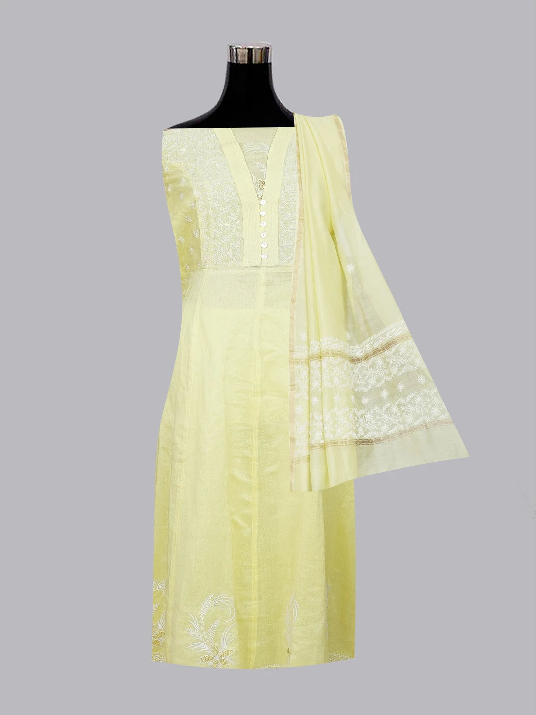 Ada Hand Embroidered Lemon Chanderi Lucknowi Chikankari Semi Stitched Anarkali Kurta Dupatta Set 01A215962