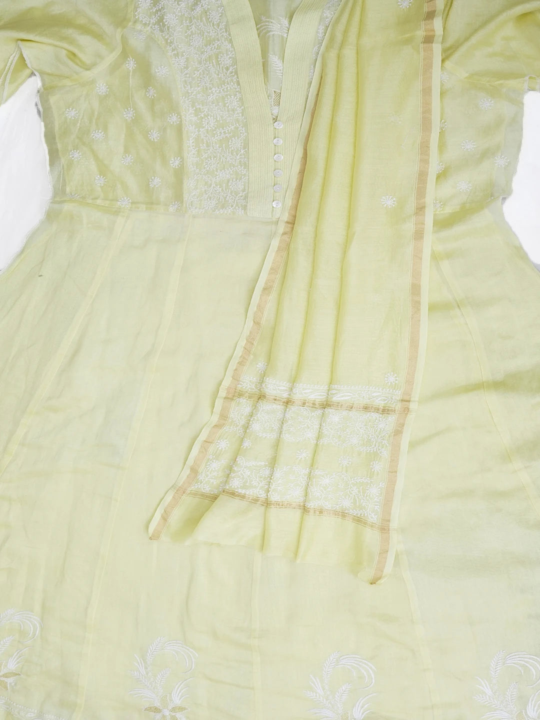 Ada Hand Embroidered Lemon Chanderi Lucknowi Chikankari Semi Stitched Anarkali Kurta Dupatta Set 01A215962