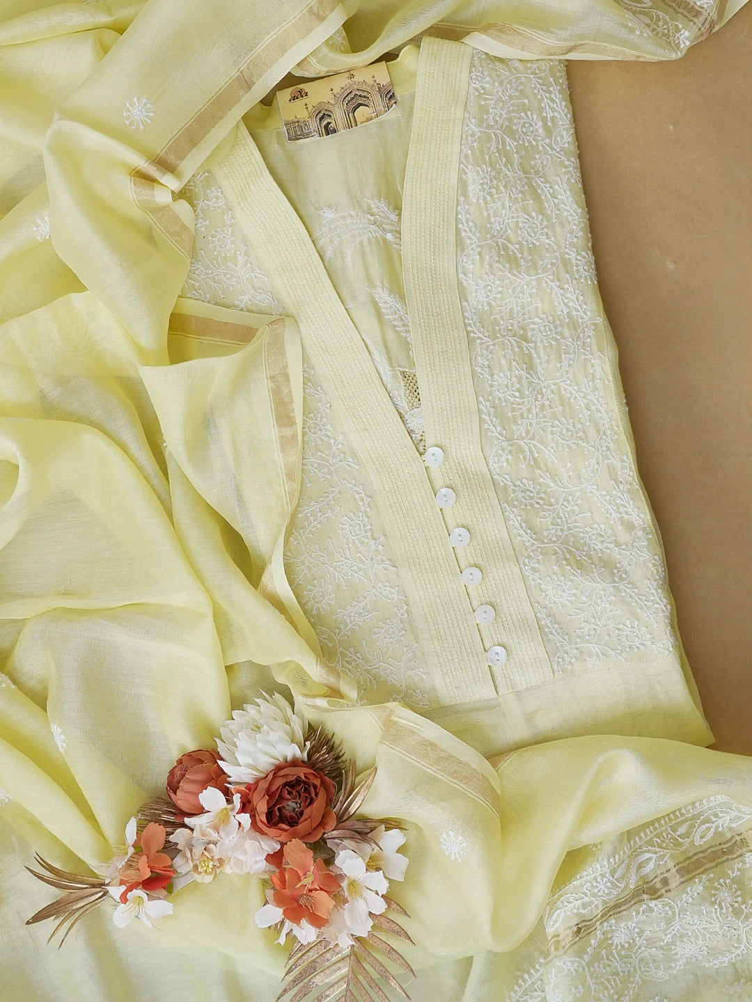 Ada Hand Embroidered Lemon Chanderi Lucknowi Chikankari Semi Stitched Anarkali Kurta Dupatta Set 01A215962