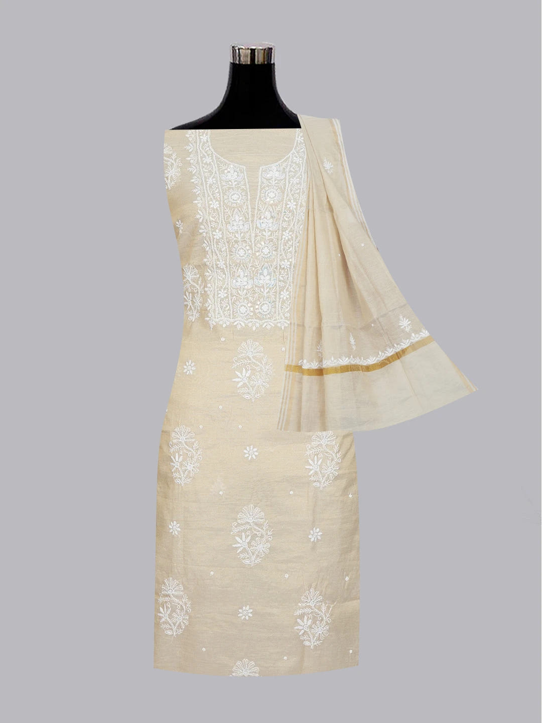Ada Hand Embroidered Fawn Tissue Lucknowi Chikankari Unstitched Kurta Dupatta Set With Pearl Work 01A614209