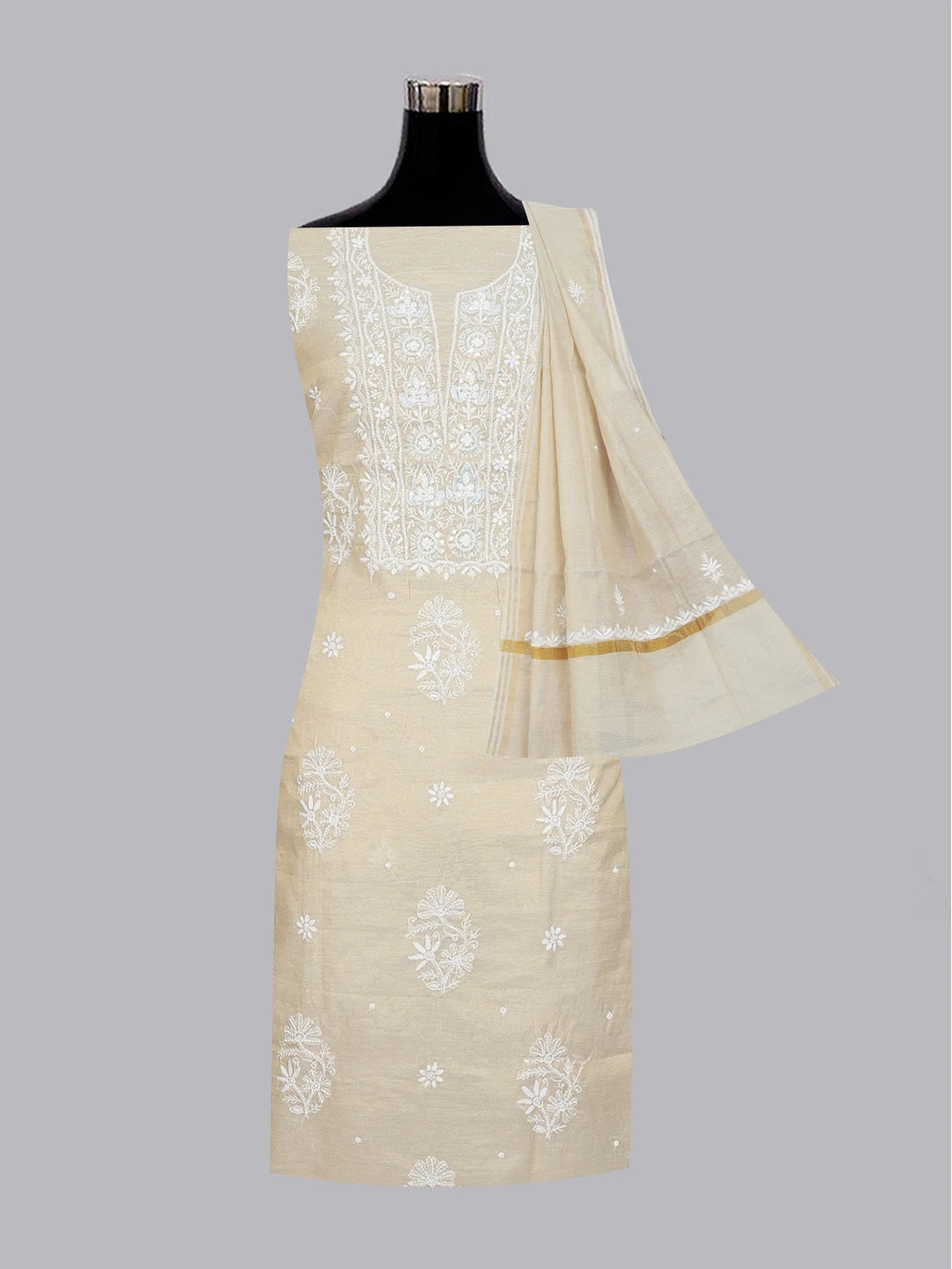 Ada Hand Embroidered Fawn Tissue Lucknowi Chikankari Unstitched Kurta Dupatta Set With Pearl Work 01A614209