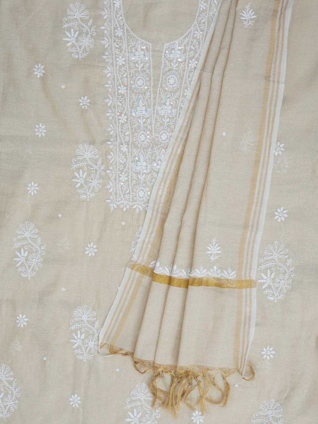Ada Hand Embroidered Fawn Tissue Lucknowi Chikankari Unstitched Kurta Dupatta Set With Pearl Work 01A614209