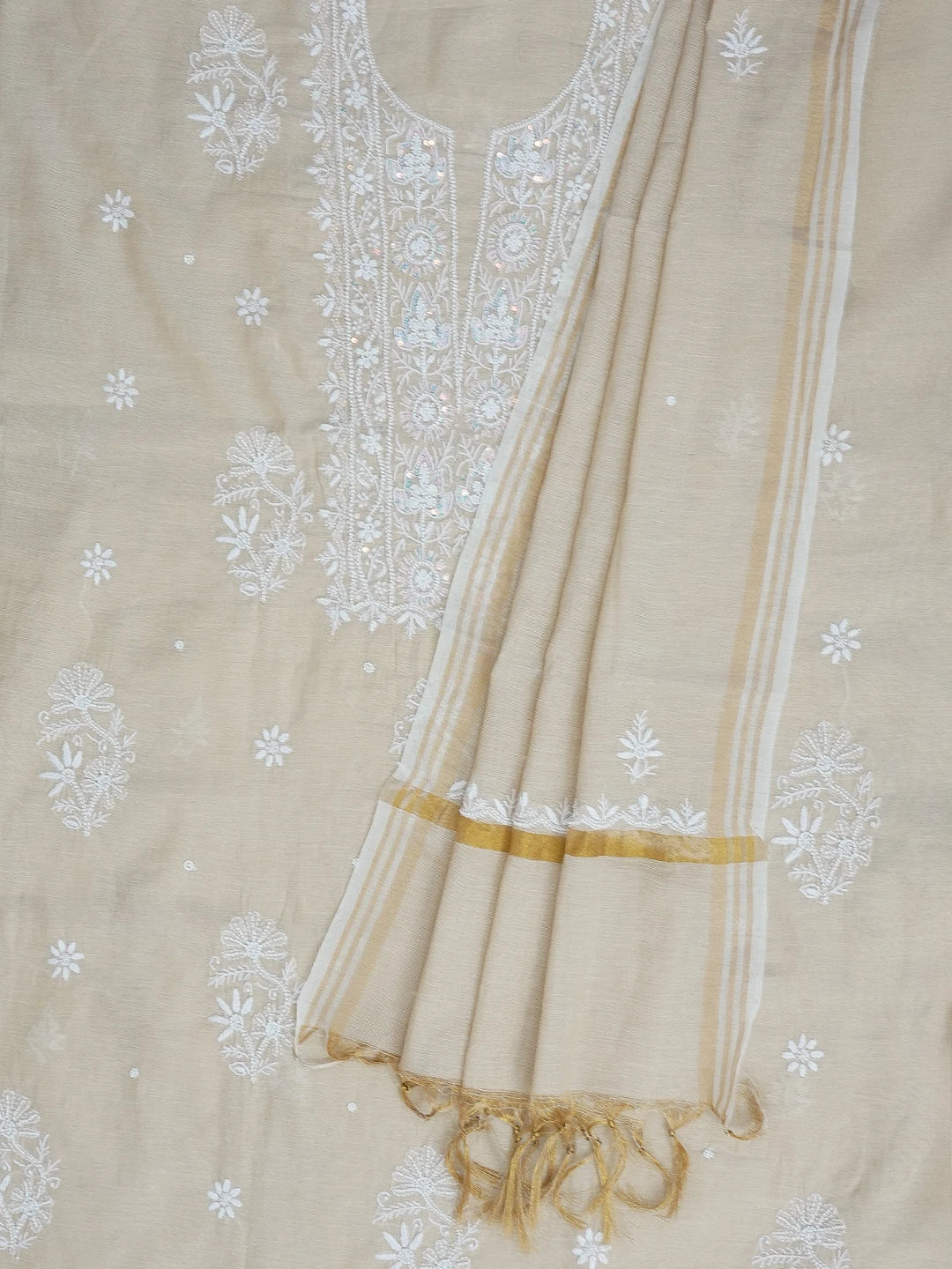 Ada Hand Embroidered Fawn Tissue Lucknowi Chikankari Unstitched Kurta Dupatta Set With Pearl Work 01A614209