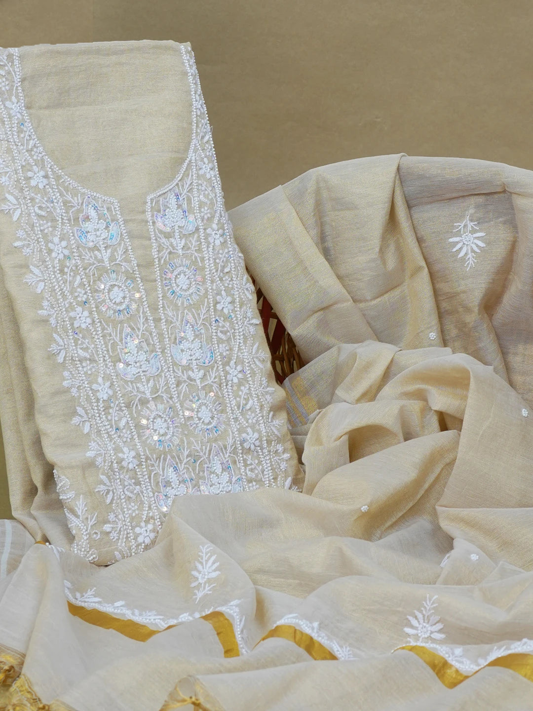 Ada Hand Embroidered Fawn Tissue Lucknowi Chikankari Unstitched Kurta Dupatta Set With Pearl Work 01A614209