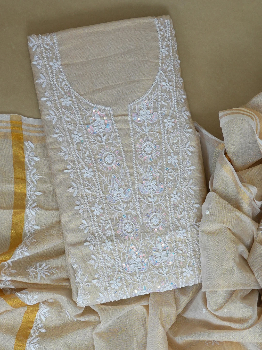 Ada Hand Embroidered Fawn Tissue Lucknowi Chikankari Unstitched Kurta Dupatta Set With Pearl Work 01A614209