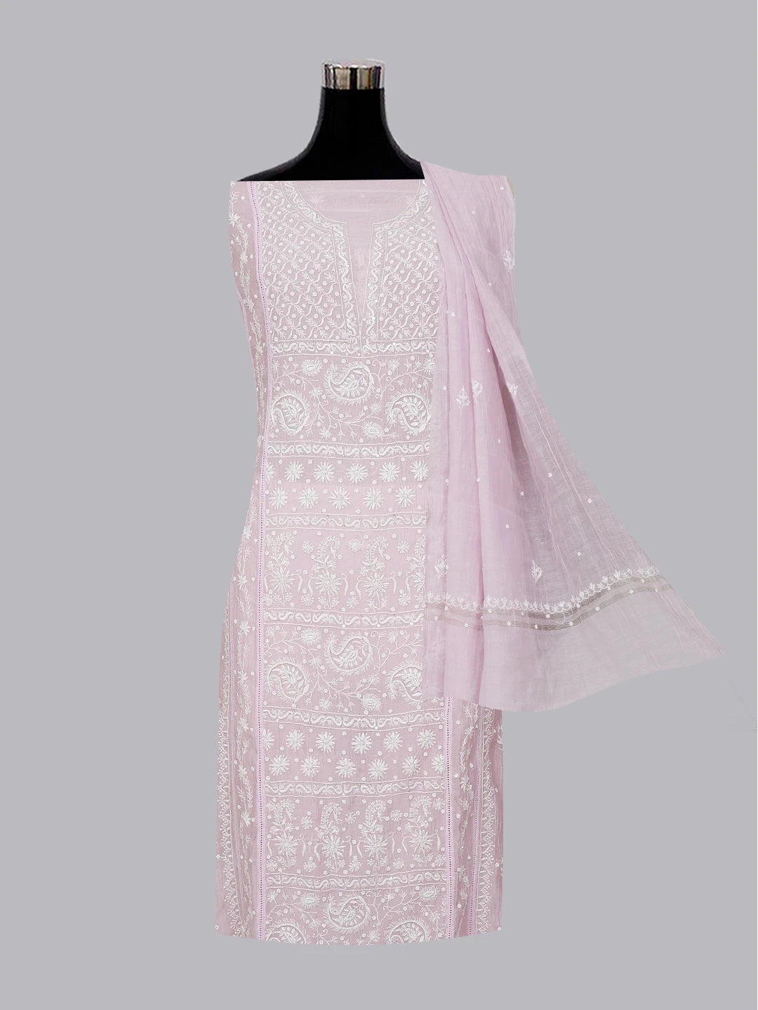 Ada Hand Embroidered Lavender Chanderi Lucknowi Chikankari Unstitched Kurta Dupatta Set With Pearl Work 01A583561