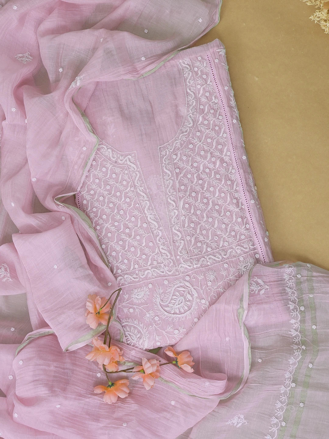 Ada Hand Embroidered Lavender Chanderi Lucknowi Chikankari Unstitched Kurta Dupatta Set With Pearl Work 01A583561
