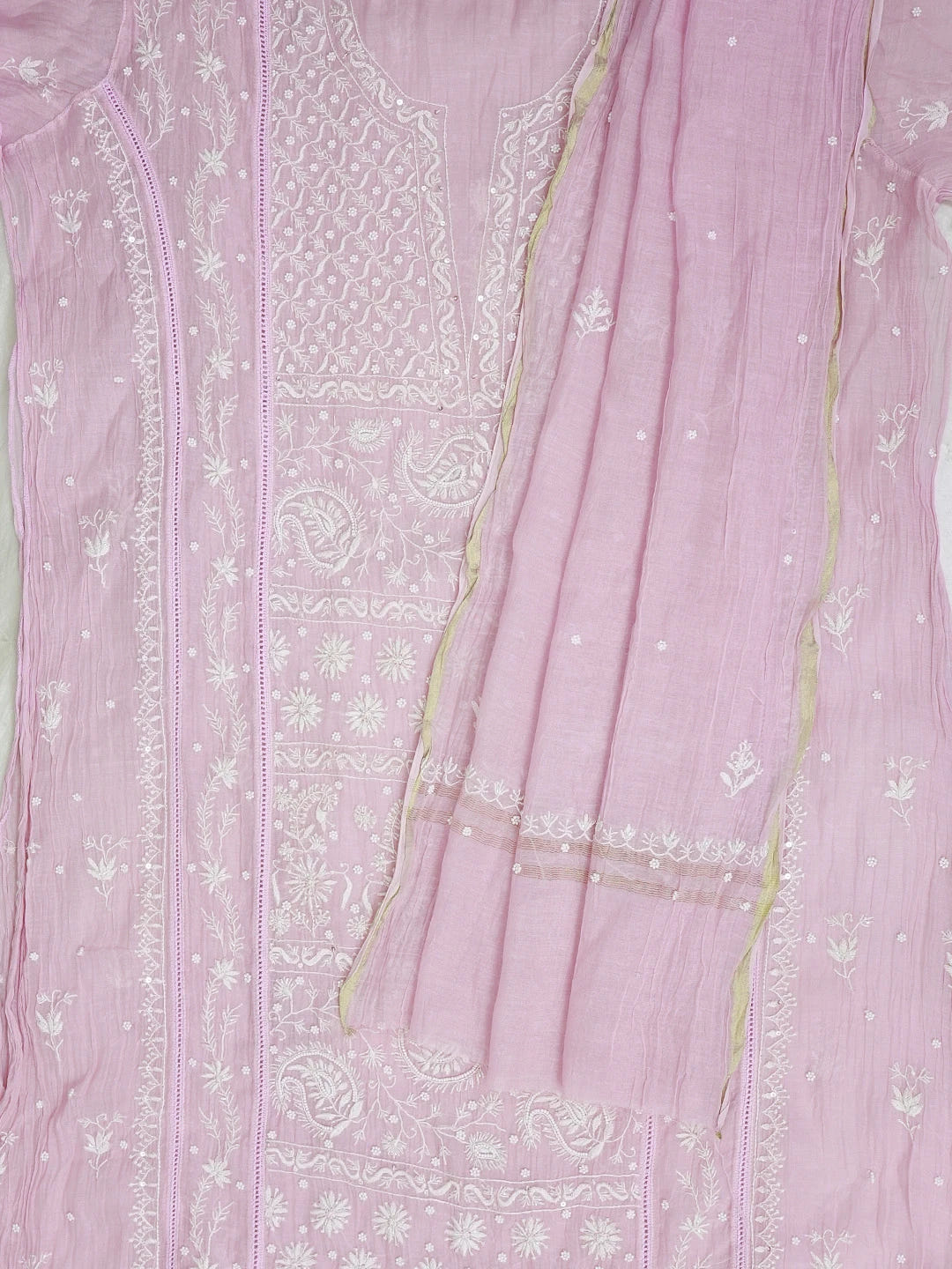 Ada Hand Embroidered Lavender Chanderi Lucknowi Chikankari Unstitched Kurta Dupatta Set With Pearl Work 01A583561
