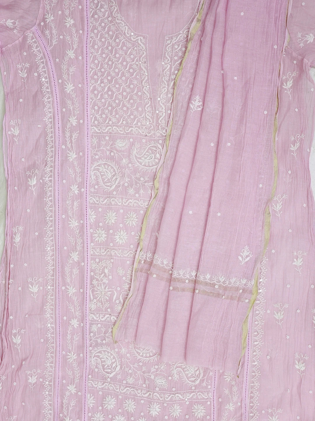 Ada Hand Embroidered Lavender Chanderi Lucknowi Chikankari Unstitched Kurta Dupatta Set With Pearl Work 01A583561