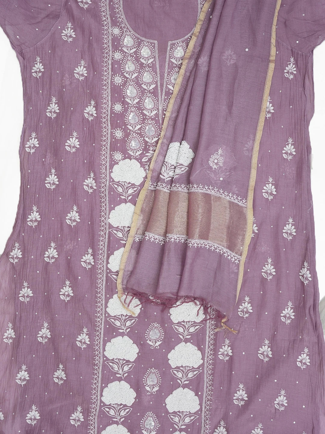 Ada Hand Embroidered Mauve Taupe Lucknowi Chikankari Unstitched Kurta Dupatta Set With Cutdana Work 01A607490