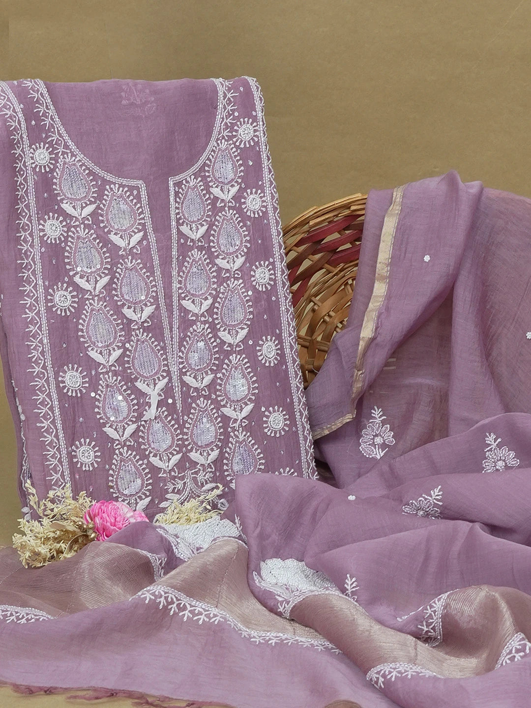 Ada Hand Embroidered Mauve Taupe Lucknowi Chikankari Unstitched Kurta Dupatta Set With Cutdana Work 01A607490