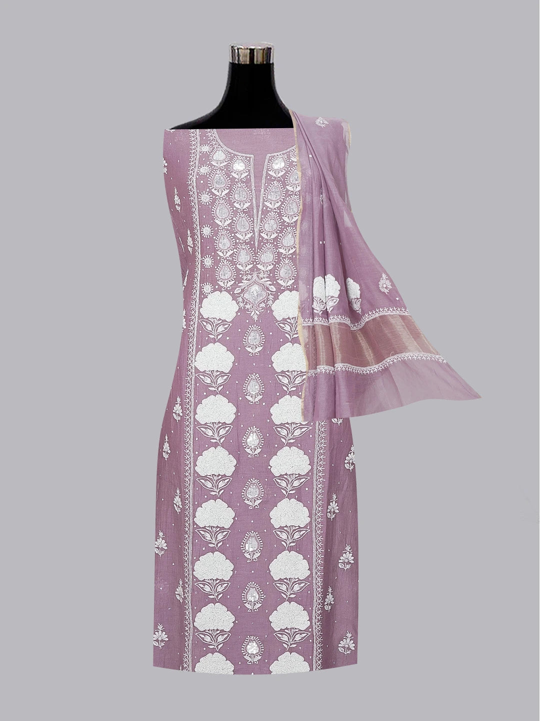 Ada Hand Embroidered Mauve Taupe Lucknowi Chikankari Unstitched Kurta Dupatta Set With Cutdana Work 01A607490