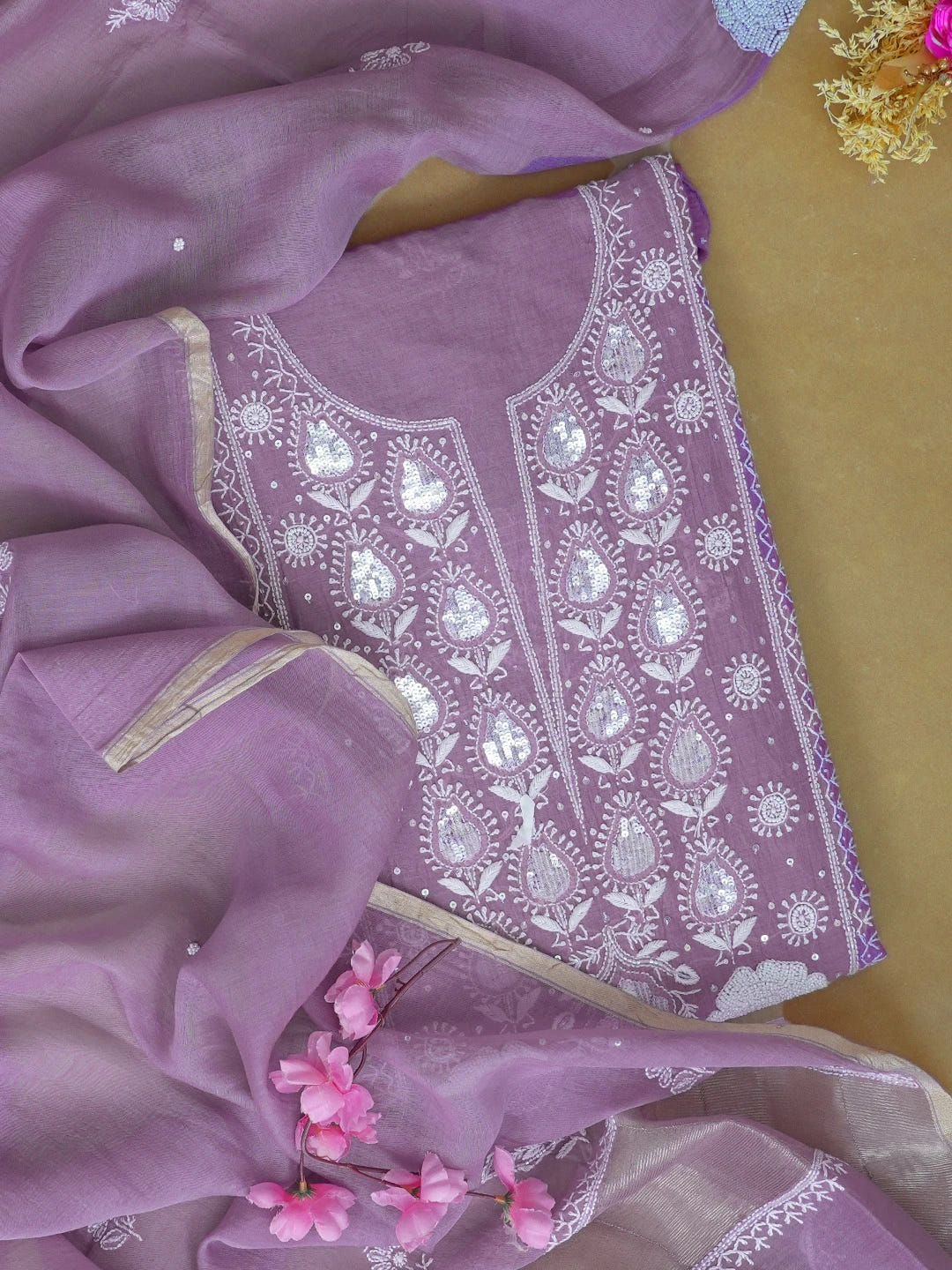 Ada Hand Embroidered Mauve Taupe Lucknowi Chikankari Unstitched Kurta Dupatta Set With Cutdana Work 01A607490