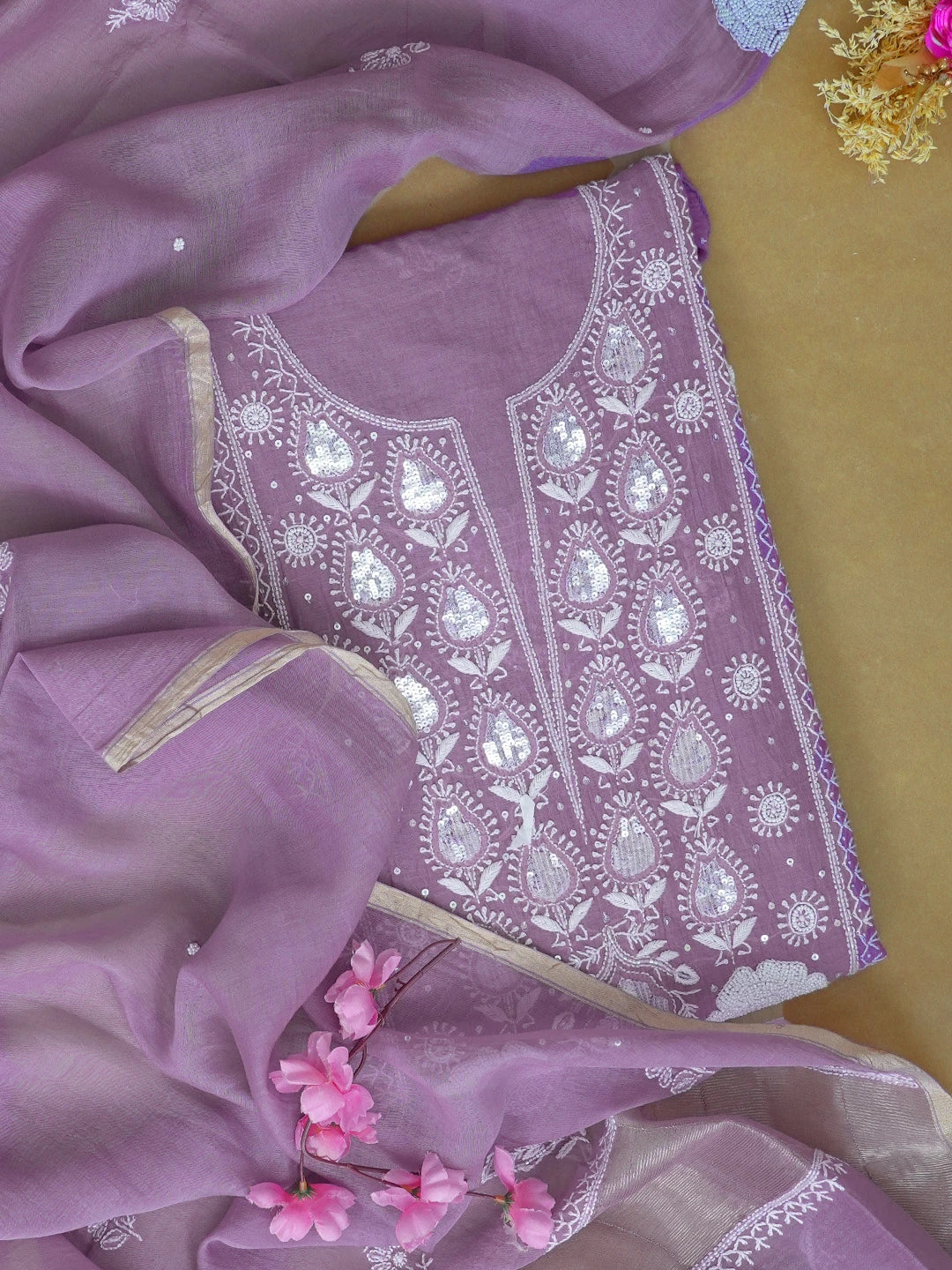 Ada Hand Embroidered Mauve Taupe Lucknowi Chikankari Unstitched Kurta Dupatta Set With Cutdana Work 01A607490