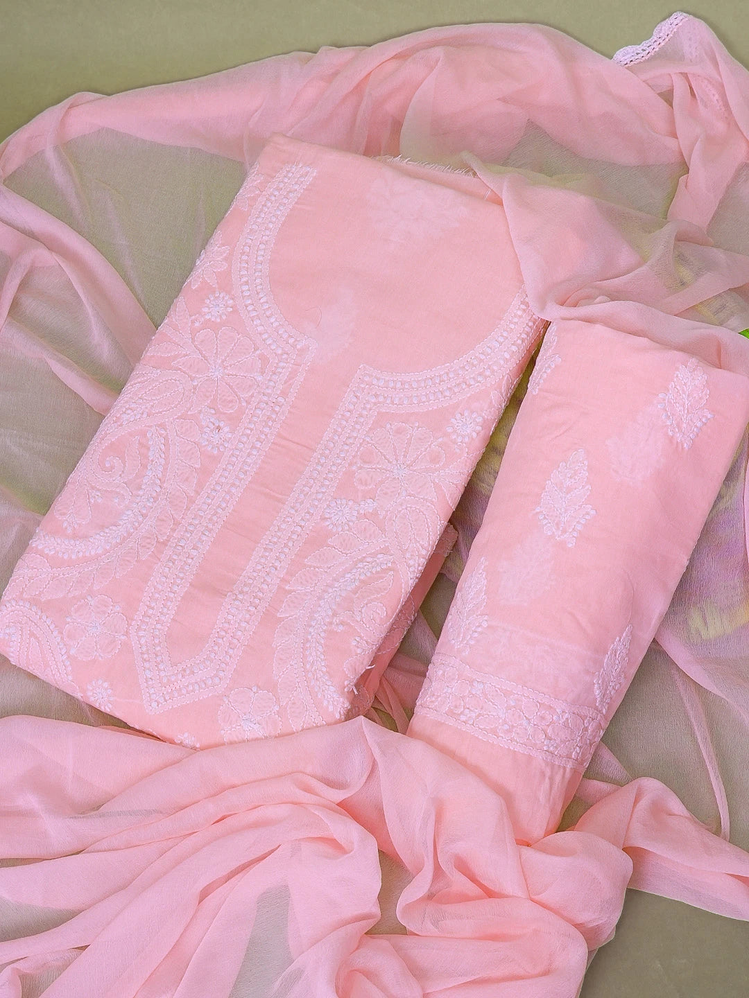 Ada Hand Embroidered Pink Cotton Lucknowi Chikankari Unstitched Suit Piece 01A592258