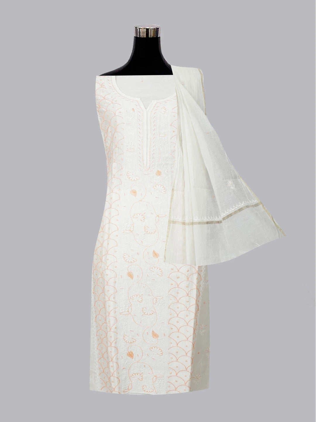 Ada Hand Embroidered White Seashell Chanderi Lucknowi Chikankari Semi-Stitched Kurta Dupatta Set With Zari Work 01A192746
