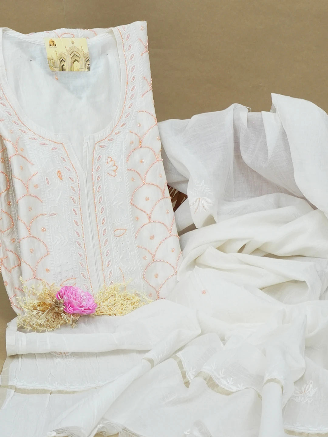 Ada Hand Embroidered White Seashell Chanderi Lucknowi Chikankari Semi-Stitched Kurta Dupatta Set With Zari Work 01A192746