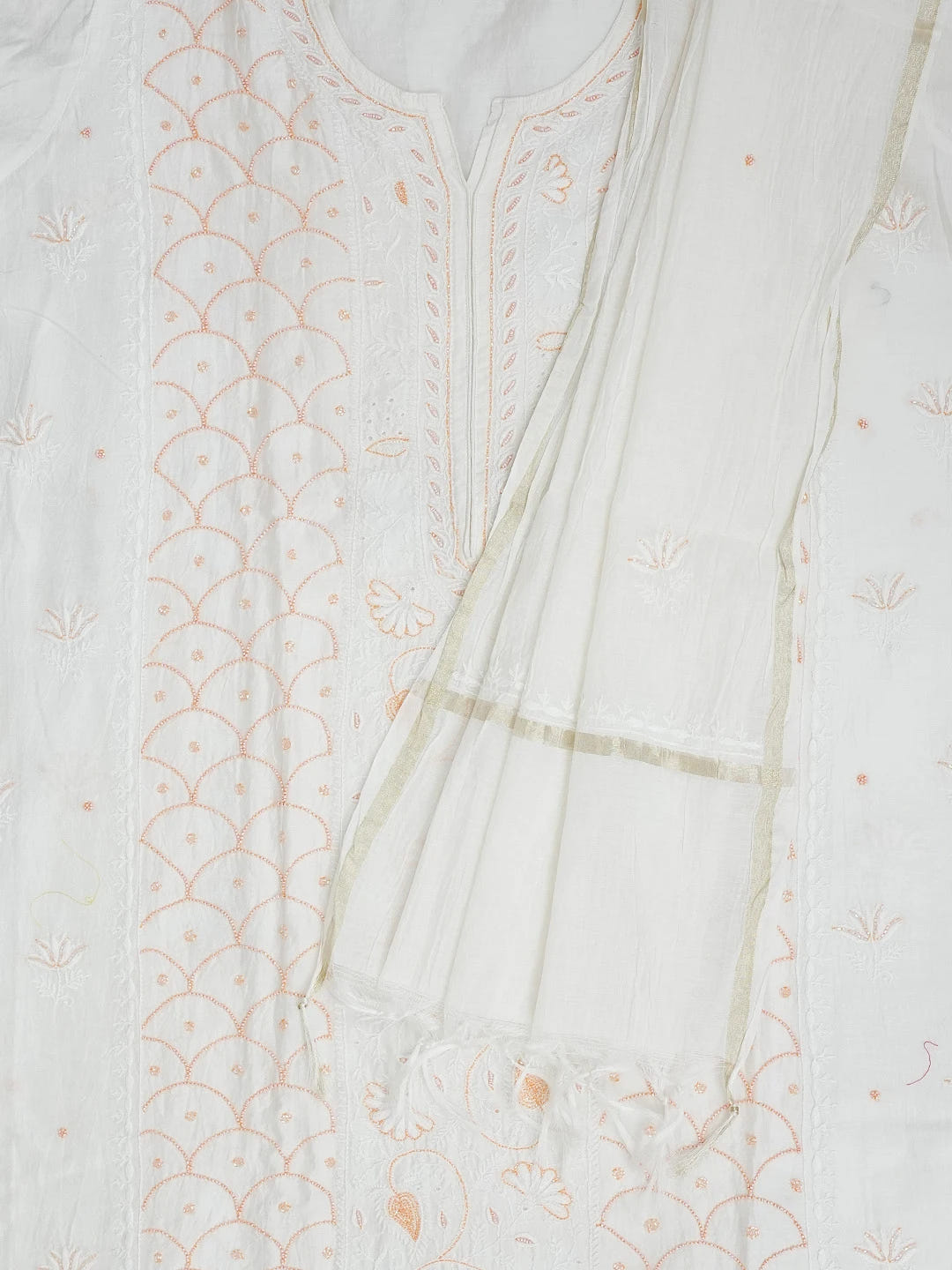 Ada Hand Embroidered White Seashell Chanderi Lucknowi Chikankari Semi-Stitched Kurta Dupatta Set With Zari Work 01A192746