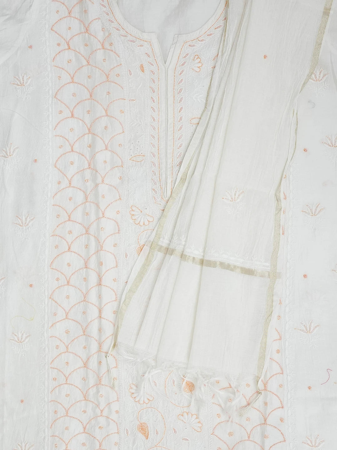 Ada Hand Embroidered White Seashell Chanderi Lucknowi Chikankari Semi-Stitched Kurta Dupatta Set With Zari Work 01A192746