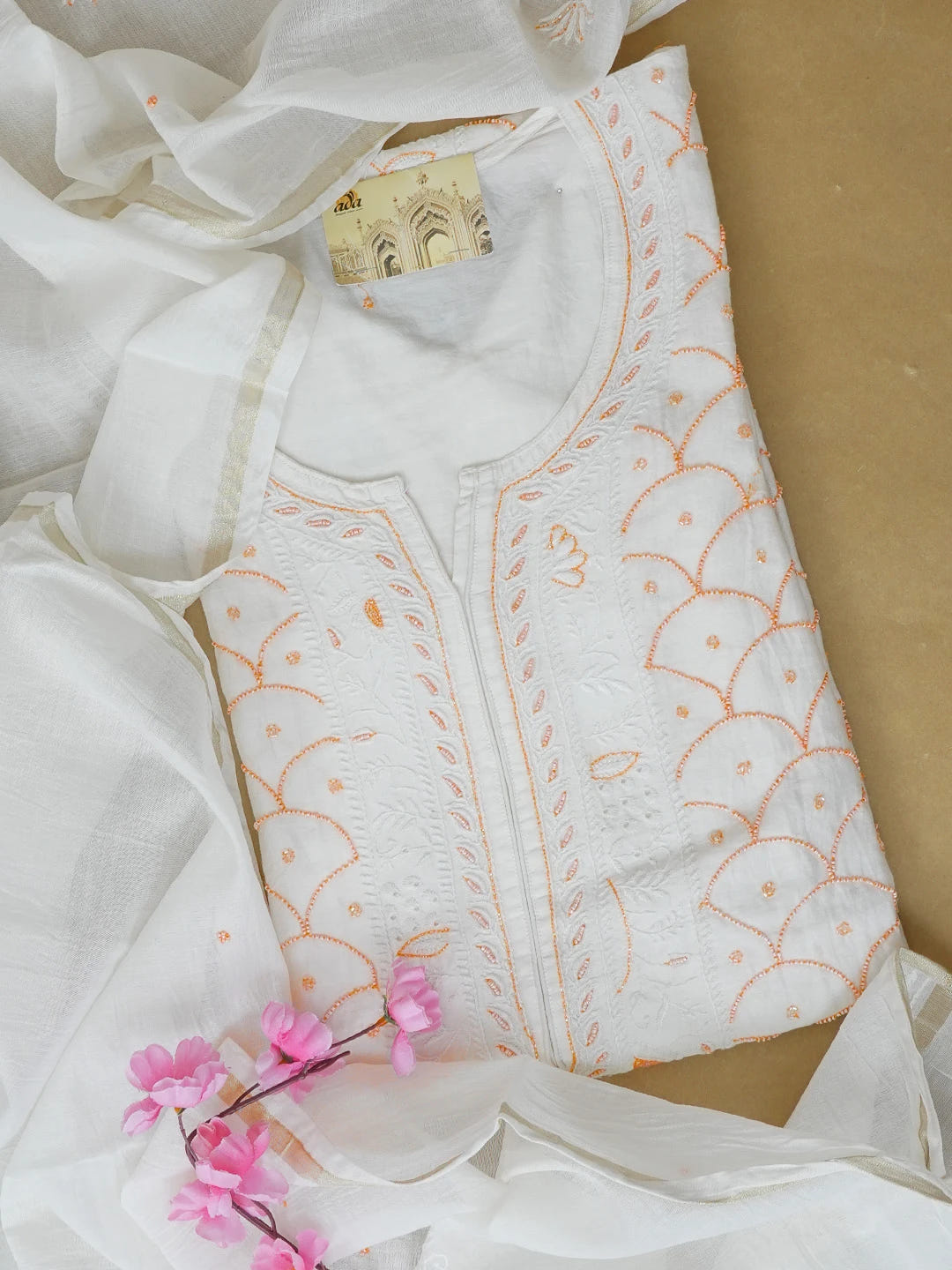 Ada Hand Embroidered White Seashell Chanderi Lucknowi Chikankari Semi-Stitched Kurta Dupatta Set With Zari Work 01A192746