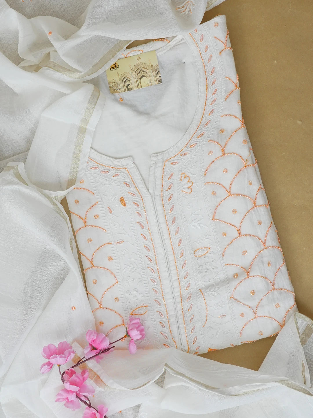 Ada Hand Embroidered White Seashell Chanderi Lucknowi Chikankari Semi-Stitched Kurta Dupatta Set With Zari Work 01A192746