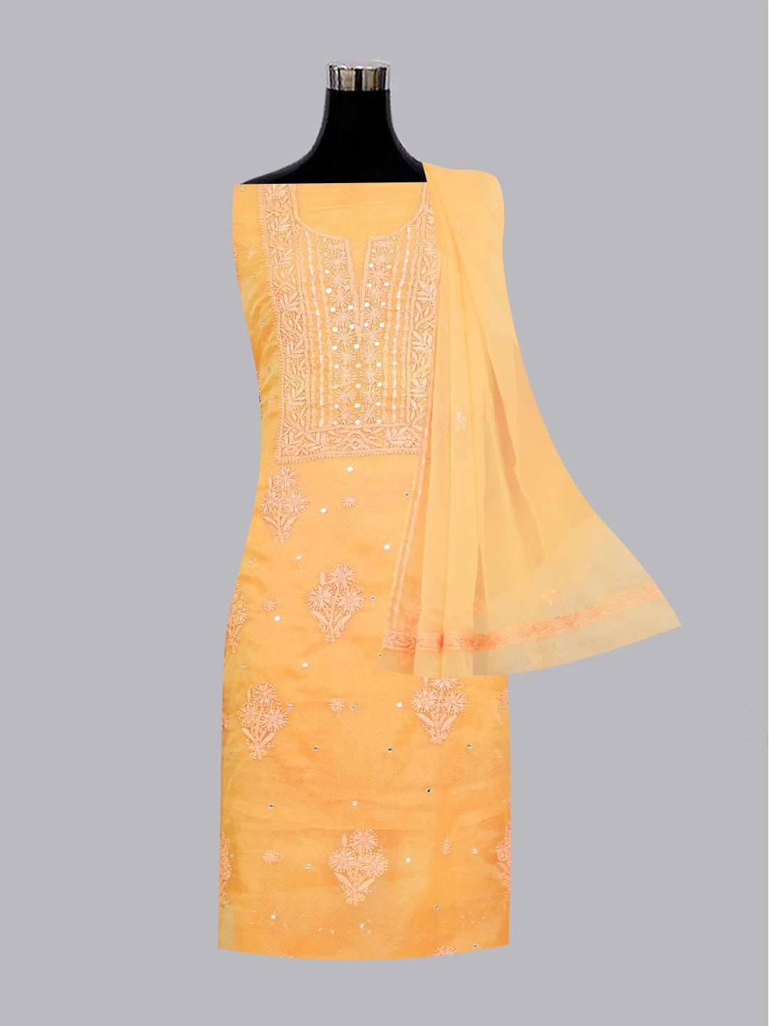 Ada Hand Embroidered Mustard Organza Lucknowi Chikankari Unstitched Kurta Dupatta Set With Sequinned Work 01A211459