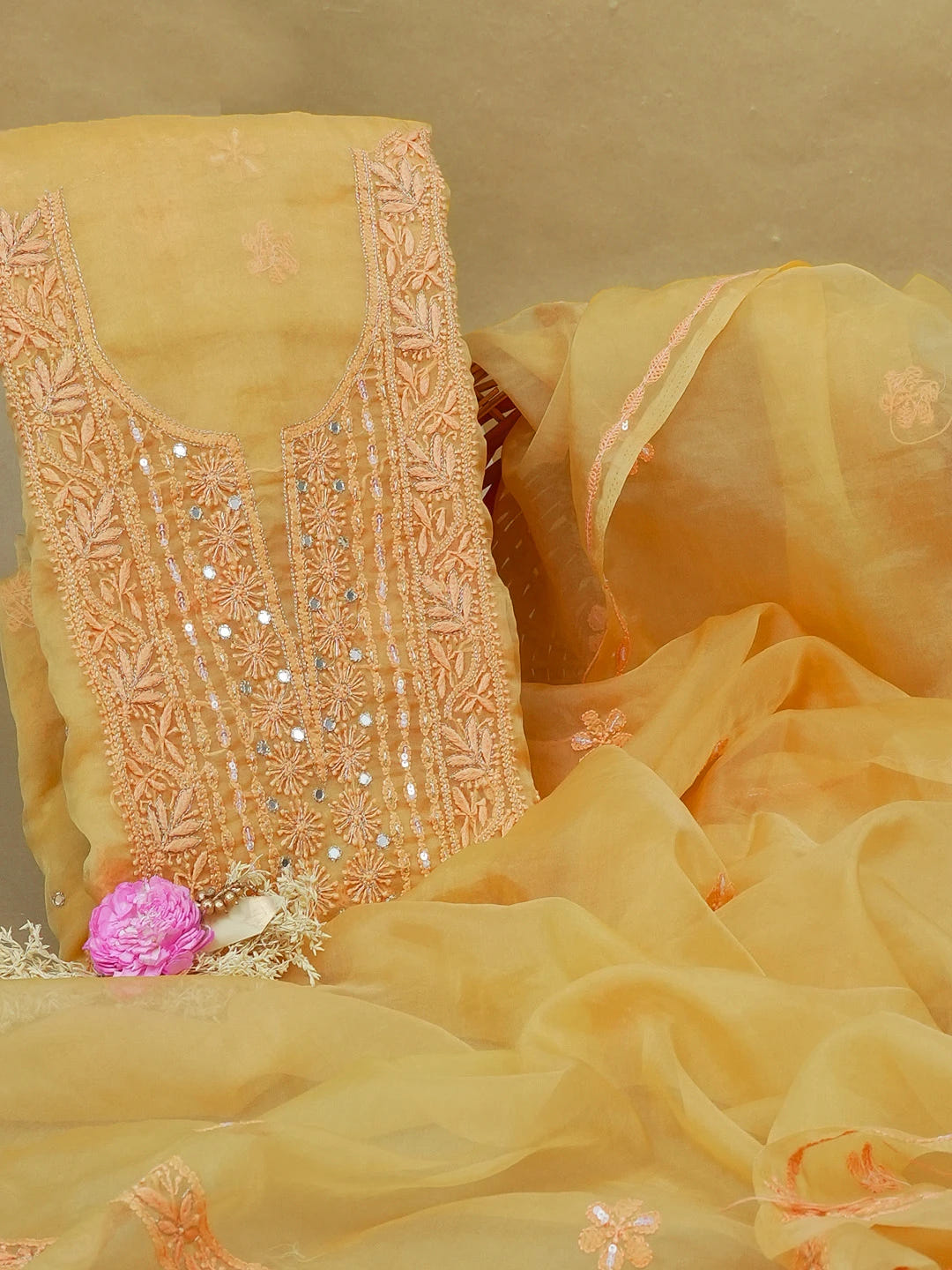 Ada Hand Embroidered Mustard Organza Lucknowi Chikankari Unstitched Kurta Dupatta Set With Sequinned Work 01A211459
