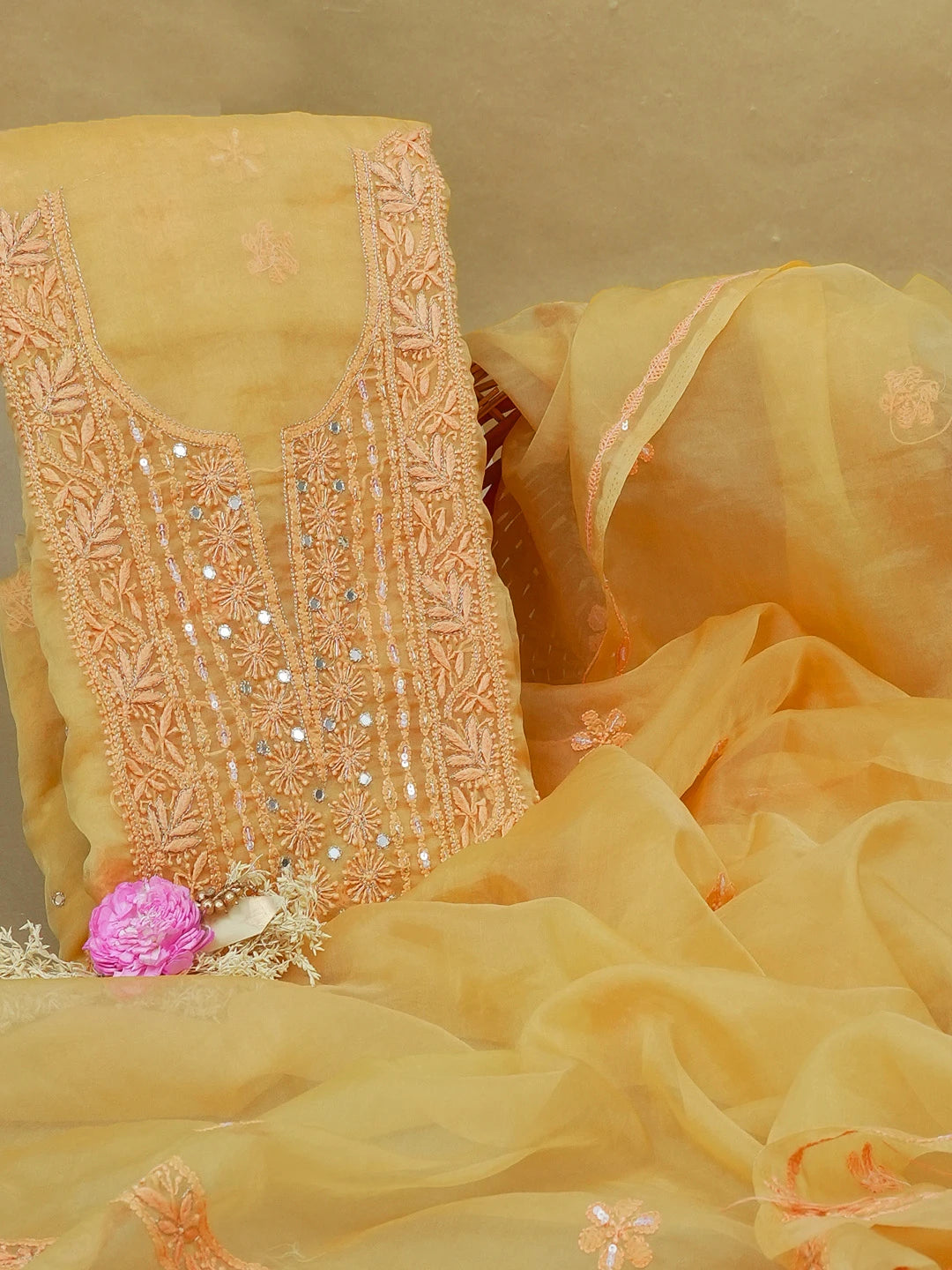 Ada Hand Embroidered Mustard Organza Lucknowi Chikankari Unstitched Kurta Dupatta Set With Sequinned Work 01A211459
