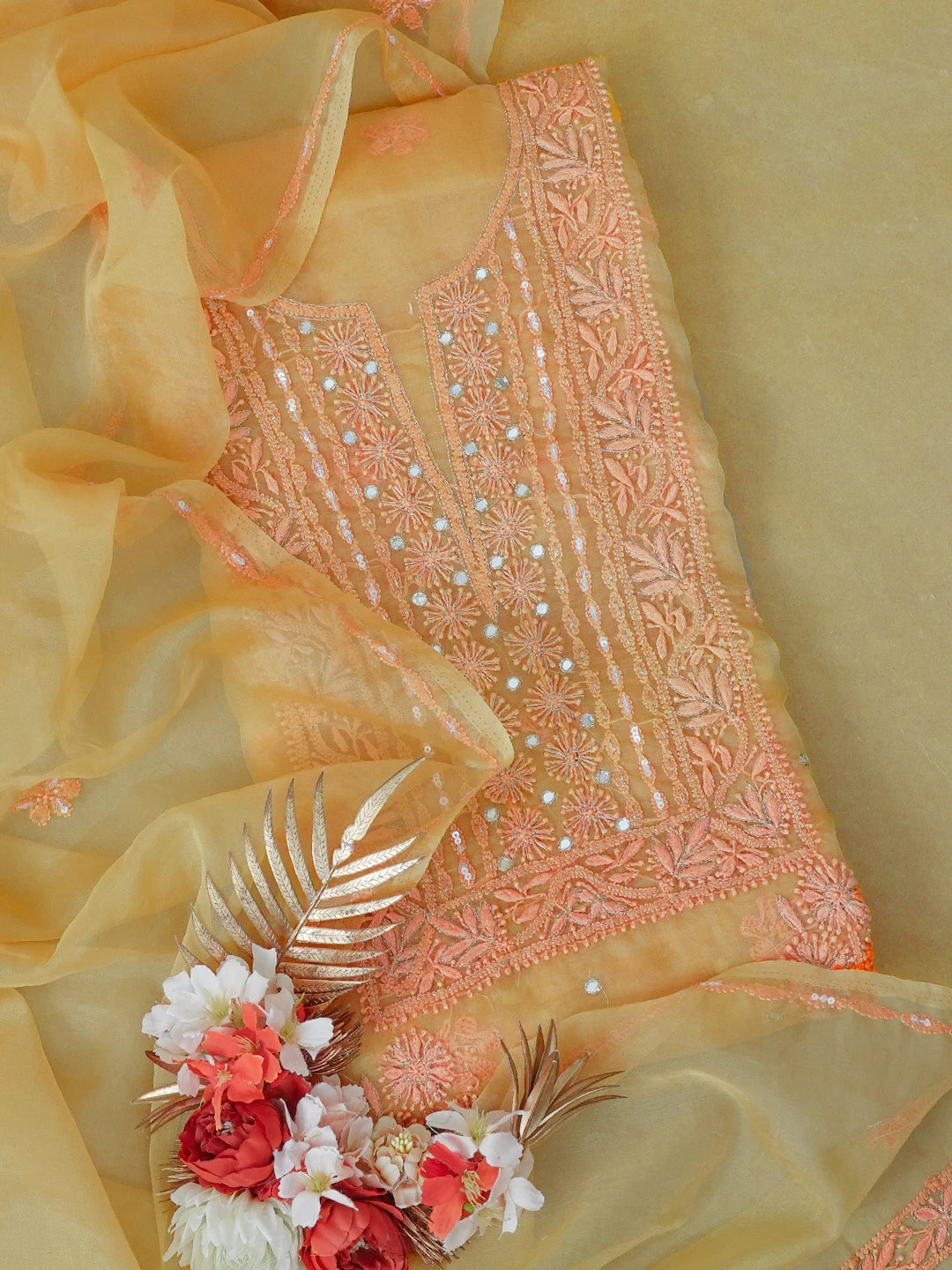 Ada Hand Embroidered Mustard Organza Lucknowi Chikankari Unstitched Kurta Dupatta Set With Sequinned Work 01A211459