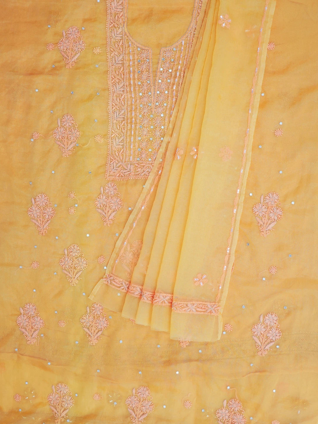Ada Hand Embroidered Mustard Organza Lucknowi Chikankari Unstitched Kurta Dupatta Set With Sequinned Work 01A211459