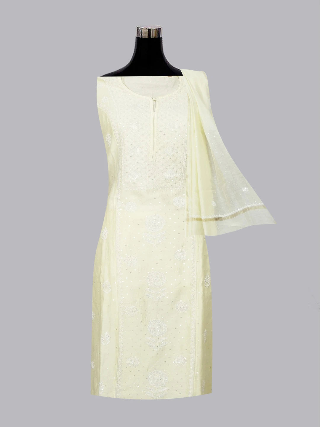 Ada Hand Embroidered Lemon Chanderi Lucknowi Chikankari Unstitched Kurta Dupatta Set With Sequinned Work 01A361709