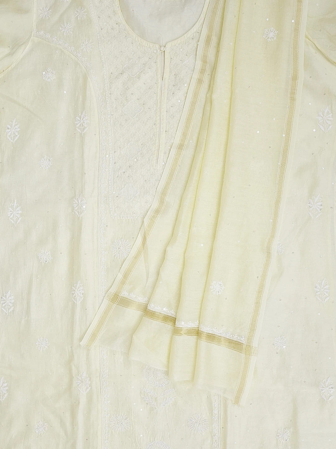 Ada Hand Embroidered Lemon Chanderi Lucknowi Chikankari Unstitched Kurta Dupatta Set With Sequinned Work 01A361709