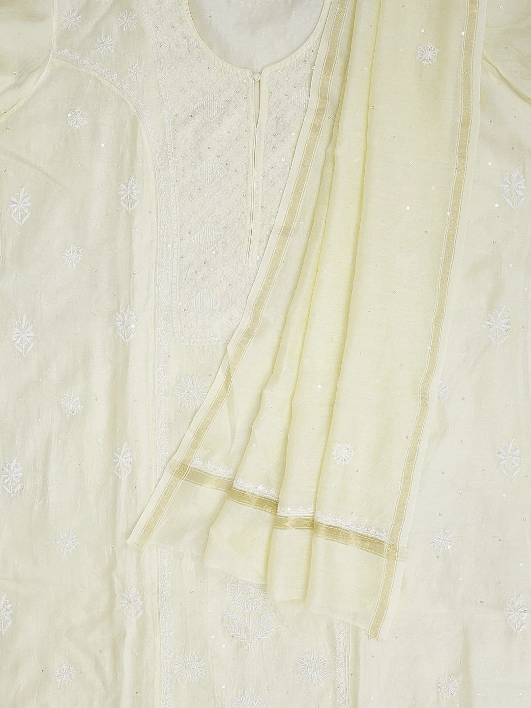 Ada Hand Embroidered Lemon Chanderi Lucknowi Chikankari Unstitched Kurta Dupatta Set With Sequinned Work 01A361709
