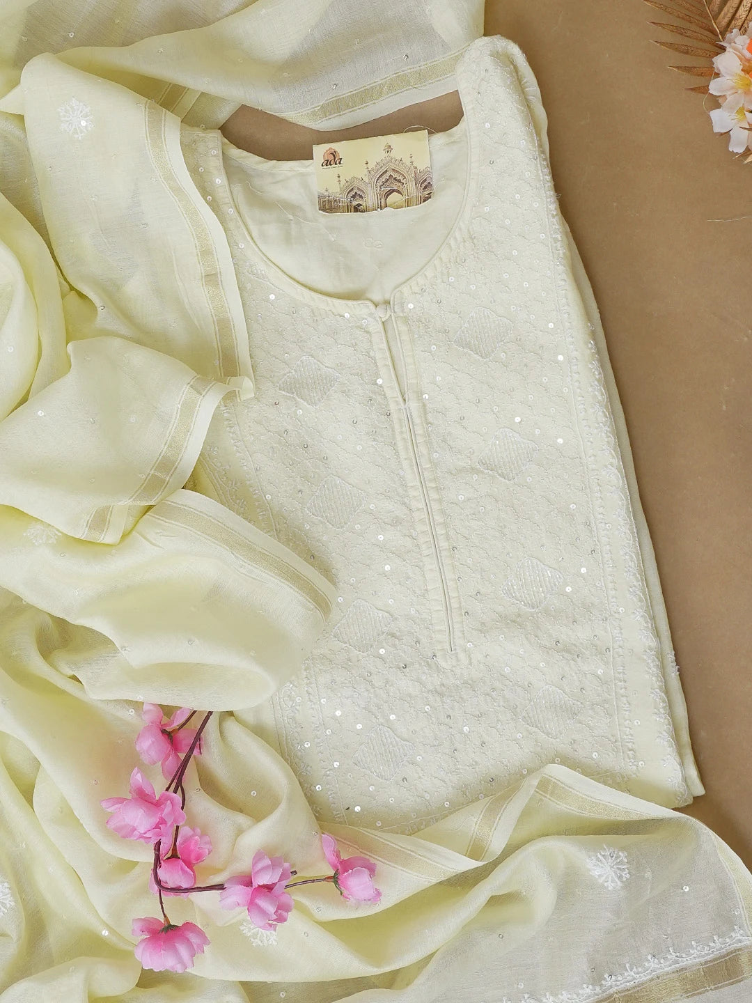 Ada Hand Embroidered Lemon Chanderi Lucknowi Chikankari Unstitched Kurta Dupatta Set With Sequinned Work 01A361709