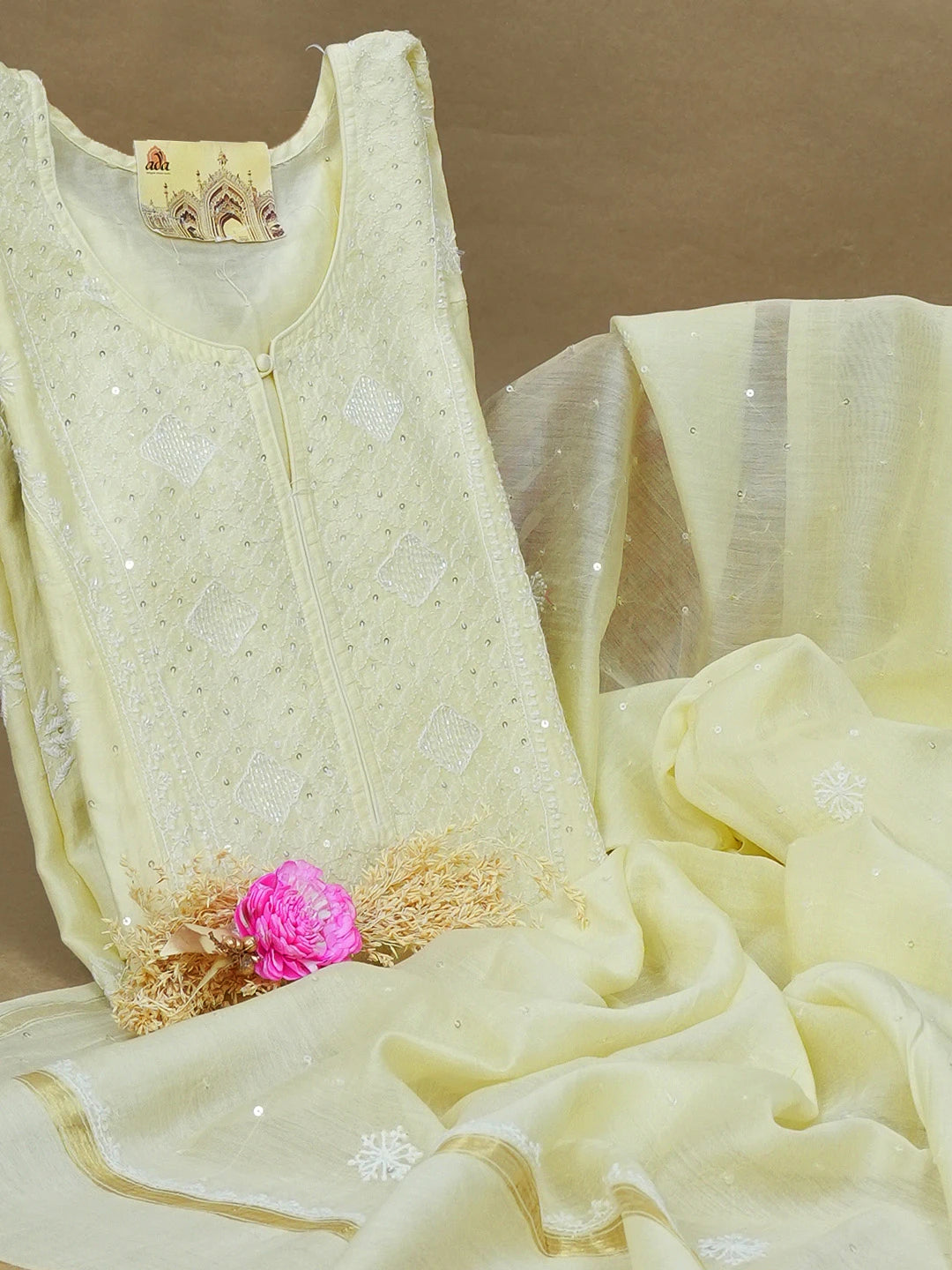 Ada Hand Embroidered Lemon Chanderi Lucknowi Chikankari Unstitched Kurta Dupatta Set With Sequinned Work 01A361709