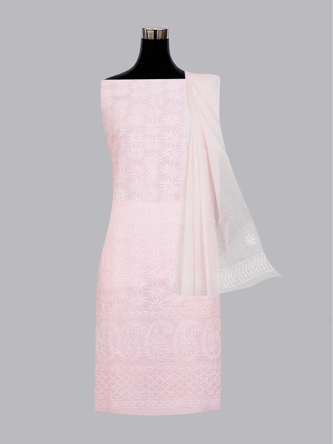 Ada Hand Embroidered Pink Kota Lucknowi Chikankari Unstitched Kurta Dupatta Set 01A603310