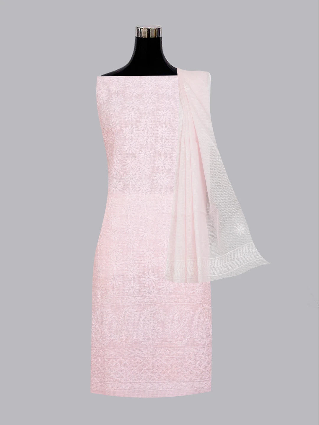 Ada Hand Embroidered Pink Kota Lucknowi Chikankari Unstitched Kurta Dupatta Set 01A603310