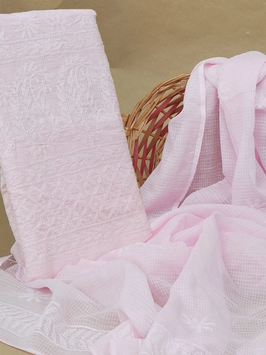 Ada Hand Embroidered Pink Kota Lucknowi Chikankari Unstitched Kurta Dupatta Set 01A603310