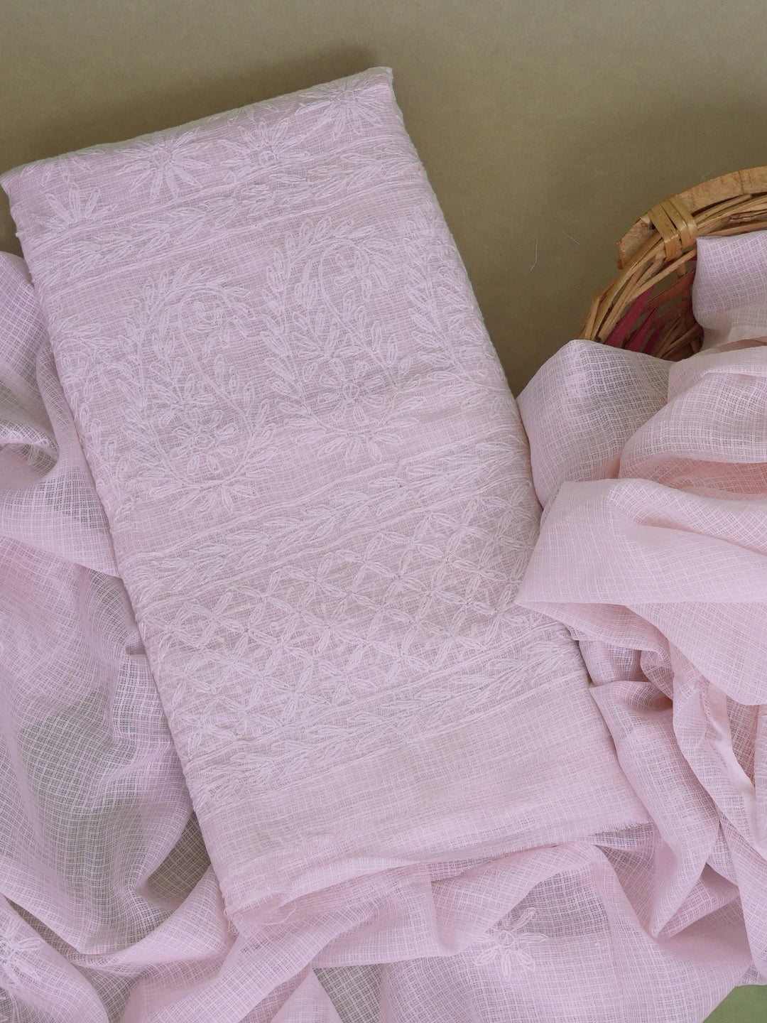 Ada Hand Embroidered Pink Kota Lucknowi Chikankari Unstitched Kurta Dupatta Set 01A603310