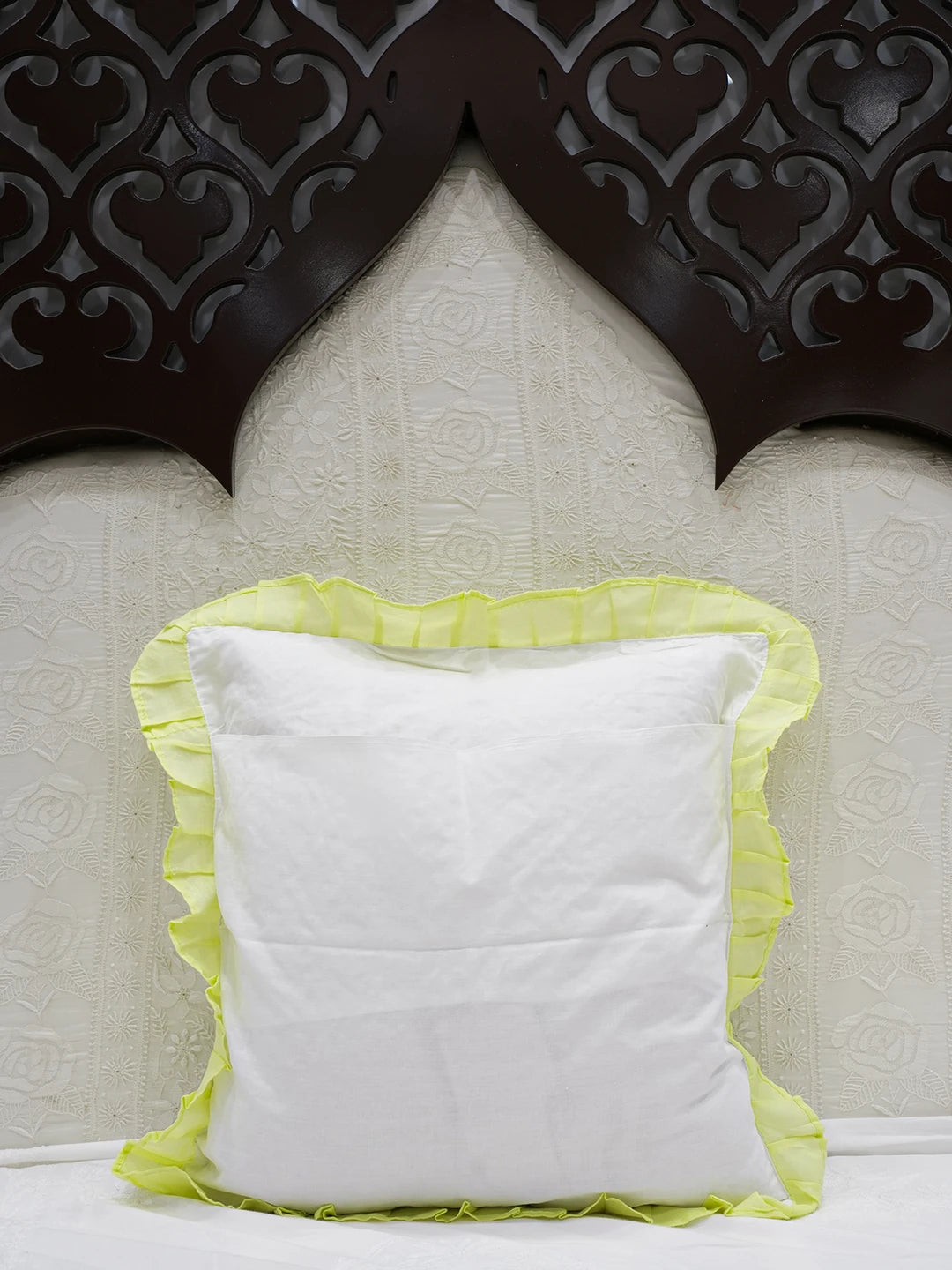 Ada Hand Embroidered Lime Green Cotton Lucknowi Chikankari Cushion Cover A011120