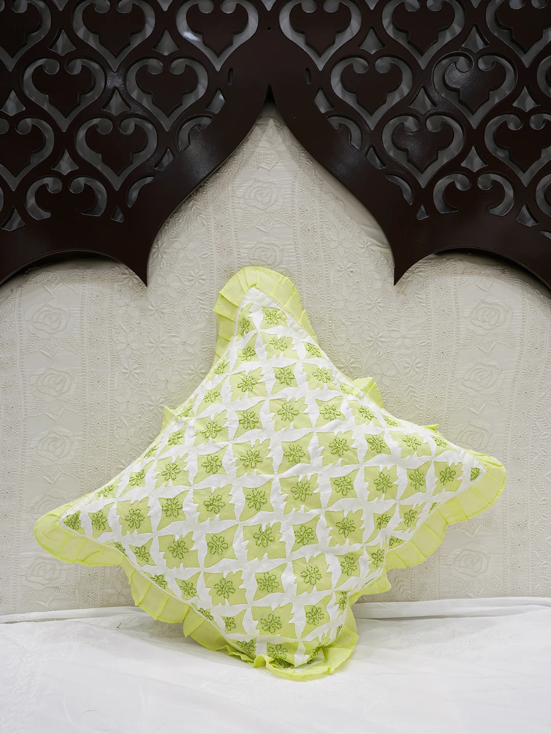 Ada Hand Embroidered Lime Green Cotton Lucknowi Chikankari Cushion Cover A011120
