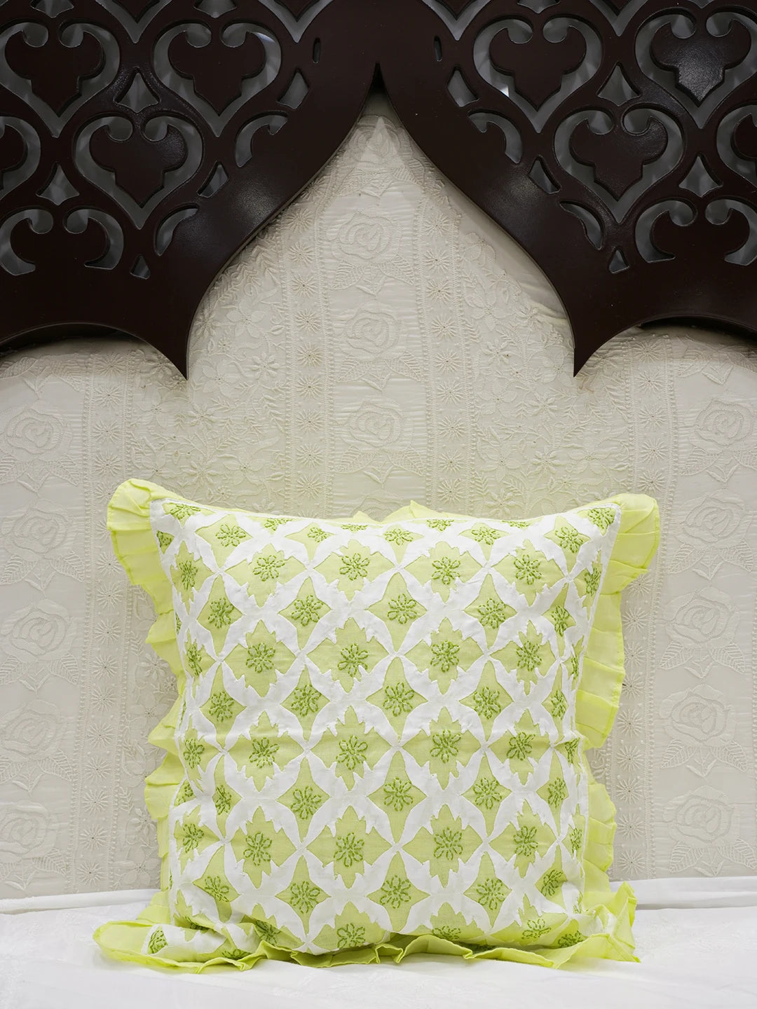 Ada Hand Embroidered Lime Green Cotton Lucknowi Chikankari Cushion Cover A011120