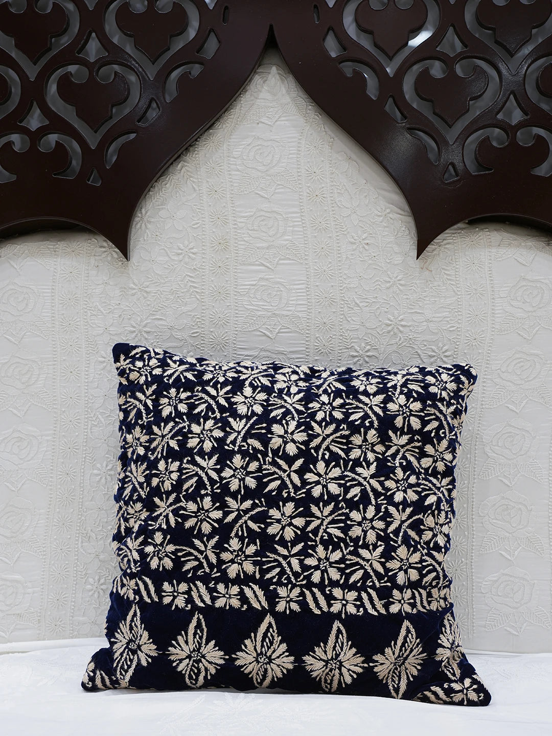 Ada Hand Embroidered Navy Blue Velvet Lucknowi Chikankari Cushion Cover 01A605317