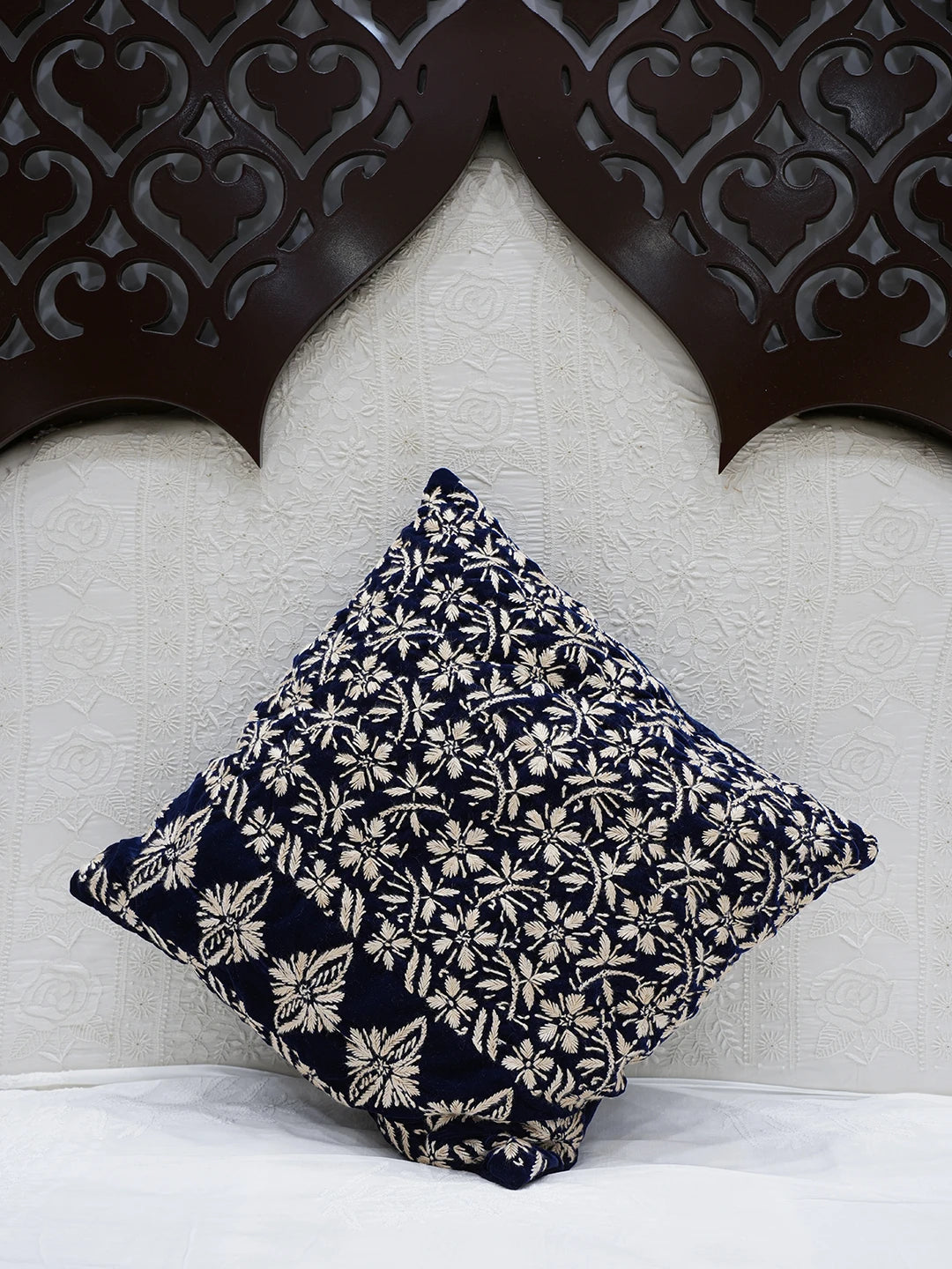 Ada Hand Embroidered Navy Blue Velvet Lucknowi Chikankari Cushion Cover 01A605317