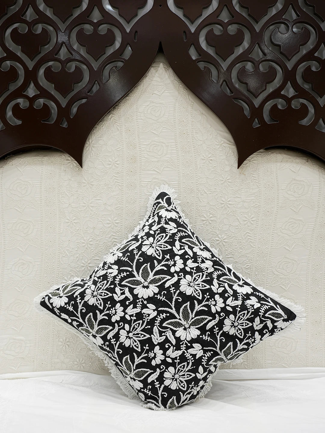 Ada Hand Embroidered Black Cotton Lucknowi Chikankari Cushion Cover With Zari Work A011115