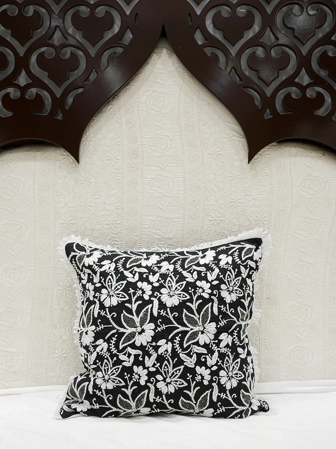 Ada Hand Embroidered Black Cotton Lucknowi Chikankari Cushion Cover With Zari Work A011115