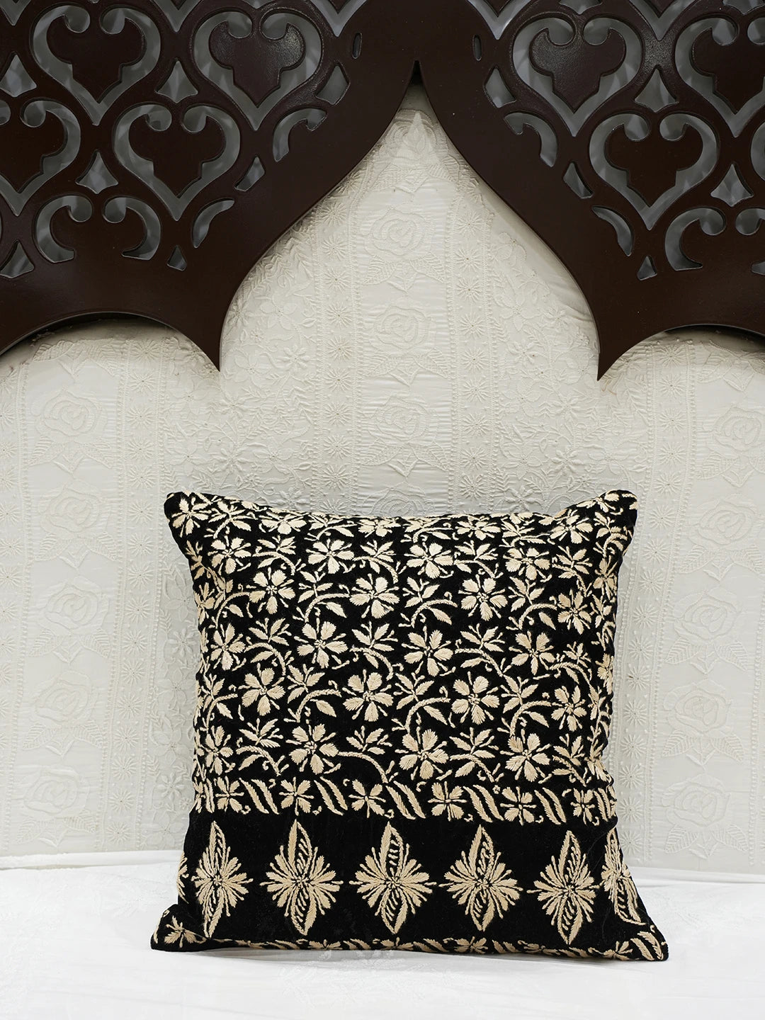 Ada Hand Embroidered Black Velvet Lucknowi Chikankari Cushion Cover 01A622889