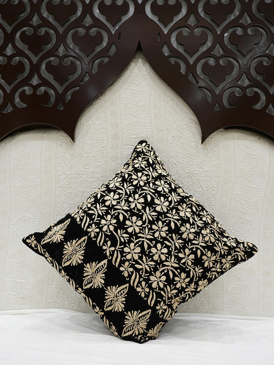 Ada Hand Embroidered Black Velvet Lucknowi Chikankari Cushion Cover 01A622889