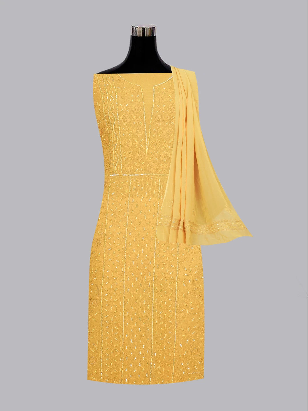 Ada Hand Embroidered Mustard Viscose Georgette Lucknowi Chikankari Unstitched Kurta Dupatta Set With Sequinned Work 01A594221
