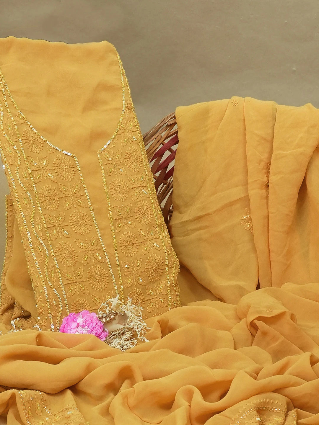 Ada Hand Embroidered Mustard Viscose Georgette Lucknowi Chikankari Unstitched Kurta Dupatta Set With Sequinned Work 01A594221